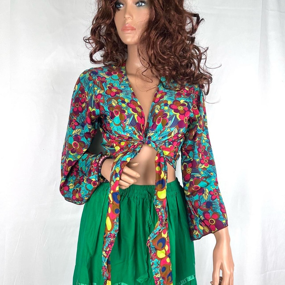 Open Front Tie Bell Sleeves Blouse - Picture 6 of 8